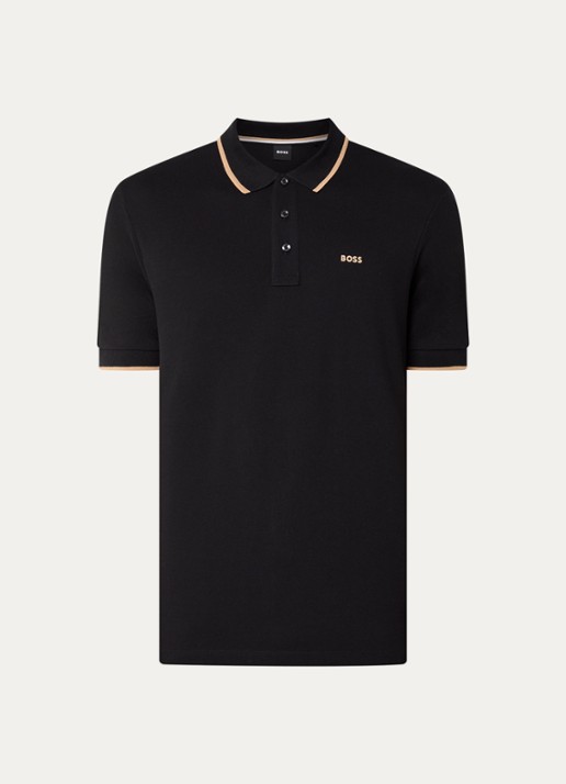 BOSS Poloshirt van katoenpiqué met contrasterende bies - voorkant 5 zwart