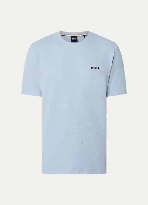 BOSS Pyjamashirt van een katoenmix met logostiksel - voorkant open blue-483 / lichtblauw