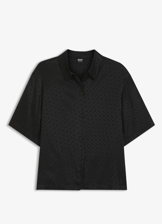 BOSS Pyjamashirt van satijn met monogramjacquard - voorkant zwart