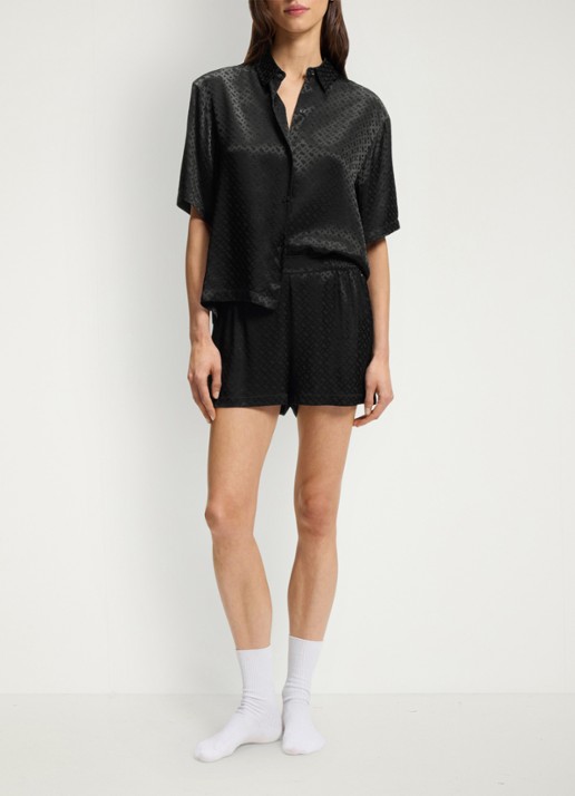BOSS Pyjamashirt van satijn met monogramjacquard - voorkant 2 zwart