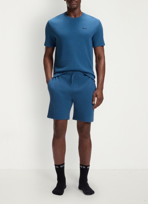 BOSS Pyjamashort van een katoenmix met logostiksel - voorkant 3 open blue-462 / blauw