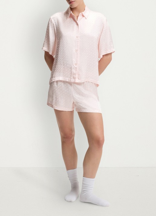 BOSS Pyjamashorts van satijn met monogramjacquard - voorkant 2 lichtroze