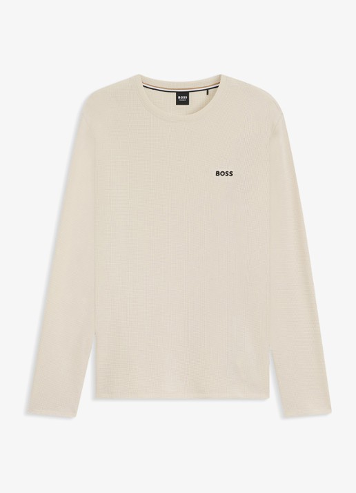 BOSS Pyjamatop met structuur en logo - voorkant beige