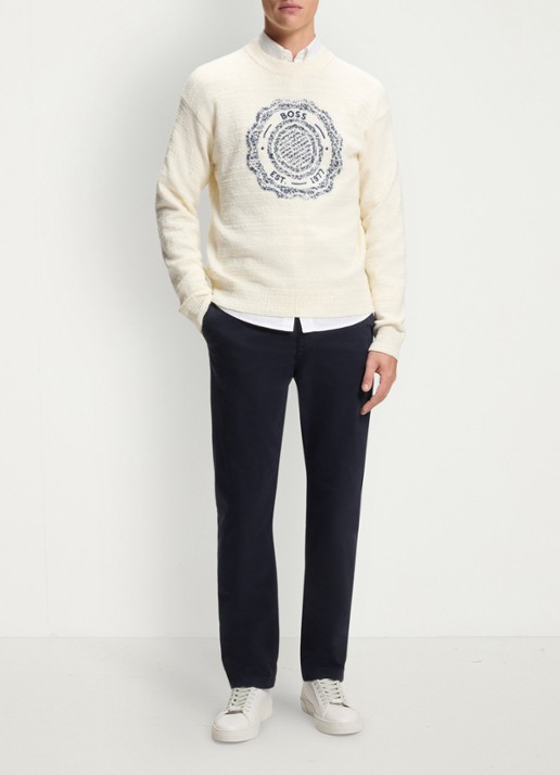 BOSS Regular-fit broek van elastisch katoenen satijn - voorkant 2 donkerblauw