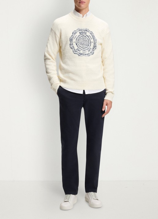 BOSS Regular-fit broek van elastisch katoenen satijn - voorkant 2 donkerblauw