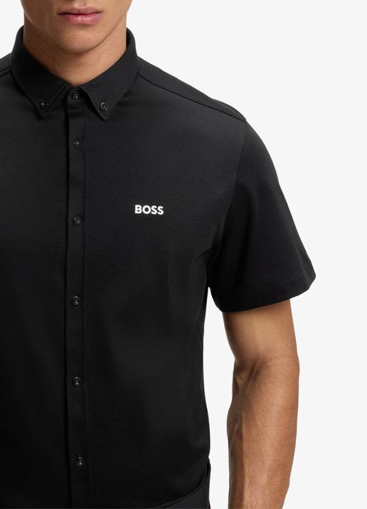 BOSS Regular-fit overhemd van kreukbestendige katoenen jersey - detail 3 black-002 / zwart