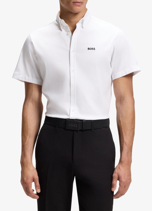 BOSS Regular-fit overhemd van kreukbestendige katoenen jersey