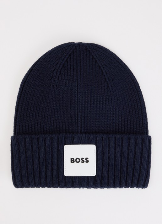 BOSS Ribgebreide muts met logo - voorkant donkerblauw