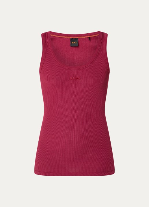 BOSS Ribgebreide tanktop met logoborduring - voorkant 3 bordeauxrood