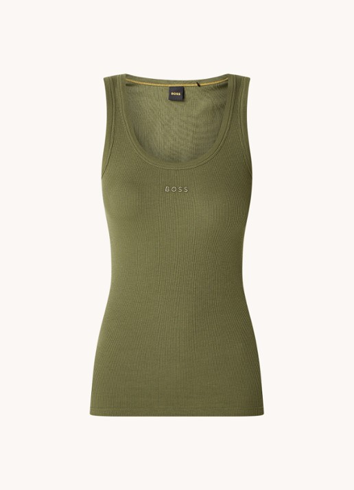 BOSS Ribgebreide tanktop met logoborduring - voorkant olijfgroen