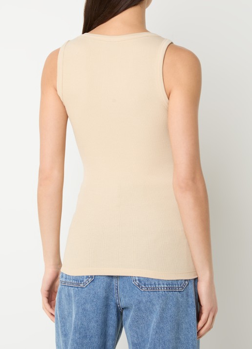 BOSS Ribgebreide tanktop met logoborduring - achterkant beige
