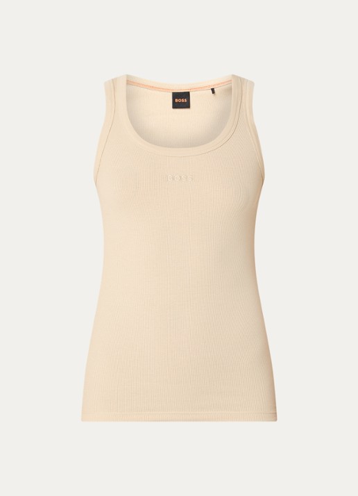 BOSS Ribgebreide tanktop met logoborduring - voorkant 3 beige