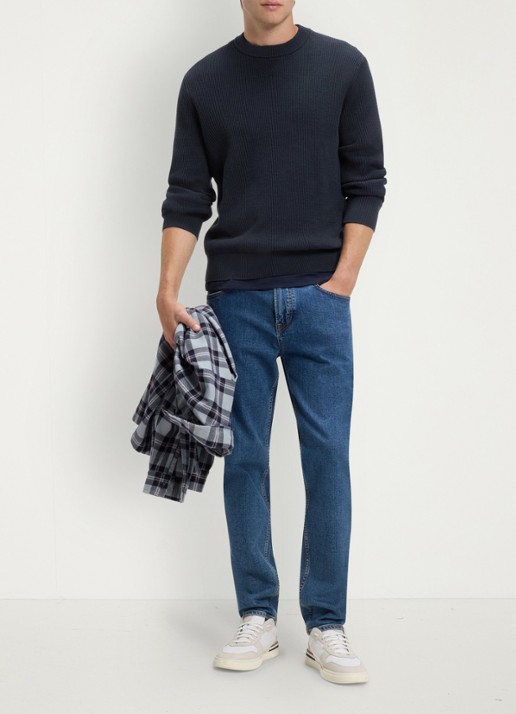 BOSS Ribgebreide trui met structuur - voorkant 3 donkerblauw