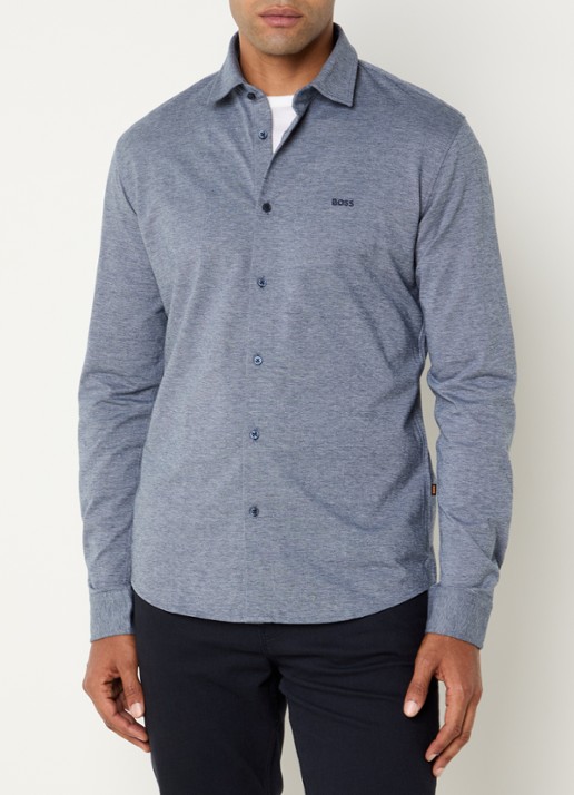 BOSS Slim-fit overhemd van gemêleerde katoenen jersey - detail 3 donkerblauw