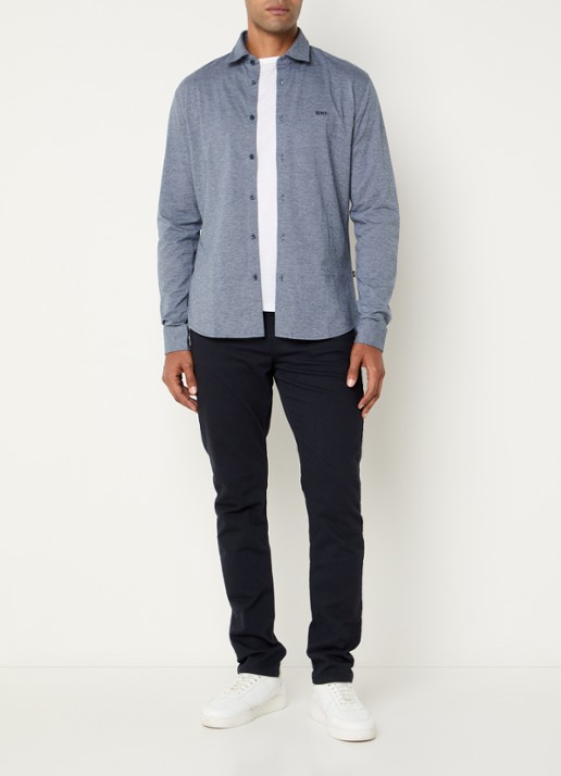 BOSS Slim-fit overhemd van gemêleerde katoenen jersey - voorkant 2 donkerblauw