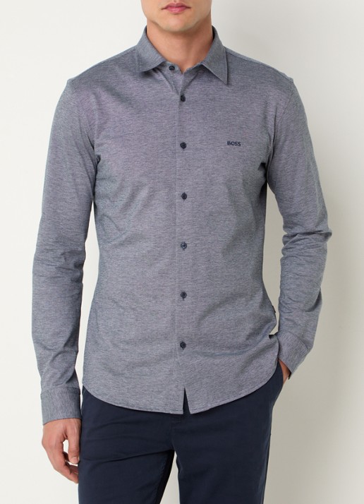 BOSS Slim-fit overhemd van gemêleerde katoenen jersey - detail donkerblauw