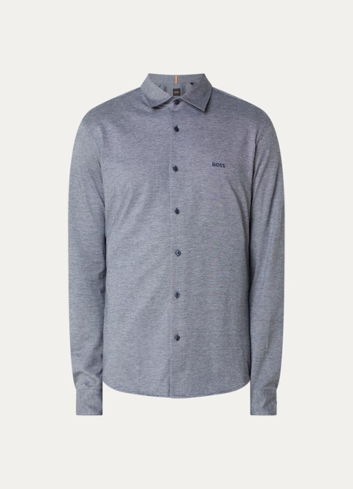 BOSS Slim-fit overhemd van gemêleerde katoenen jersey - voorkant 2 donkerblauw