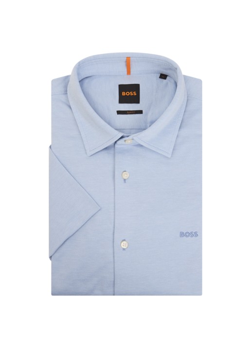 BOSS Slim-fit overhemd van gemêleerde katoenen jersey - voorkant staalblauw