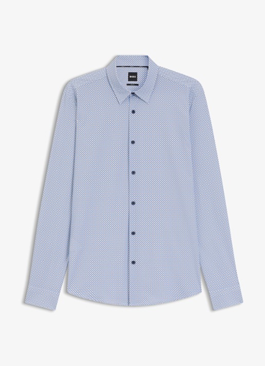 BOSS Slim fit overhemd van jersey met microdessin - voorkant staalblauw