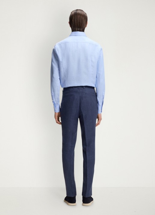 BOSS Slim fit pantalon in linnenblend met persplooi en steekzakken - achterkant open blue-466 / blauw