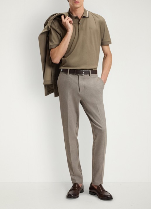 BOSS Slim fit pantalon met visgraatdessin - voorkant 2 lichtbruin