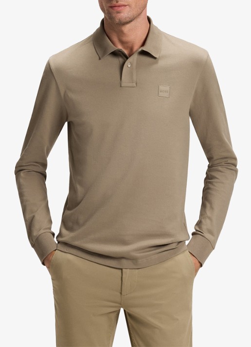 BOSS Slim fit polo van katoen - detail 4 khaki