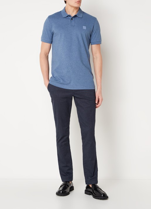 BOSS Slim-fit polo van stretchkatoen met logopatch - voorkant 2 staalblauw