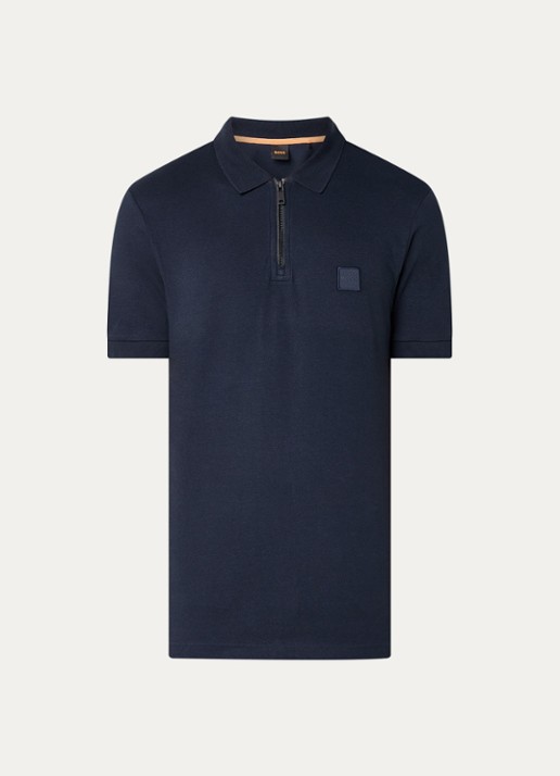 BOSS Slim-fit polo van stretchkatoen met logopatch - voorkant 3 dark blue-404 / blauw