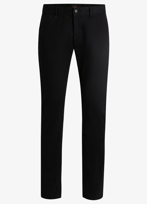 BOSS Slim-fit satijnen chino van stretchkatoen - voorkant black-001 / zwart