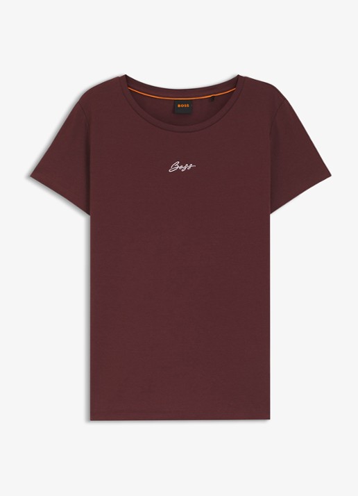 BOSS Slim-fit T-shirt van katoen met logostiksel - voorkant 3 roodbruin