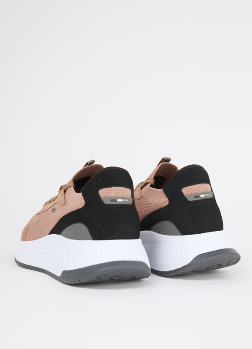 BOSS Sneaker met gebreid bovenwerk en suède details - achterkant camel