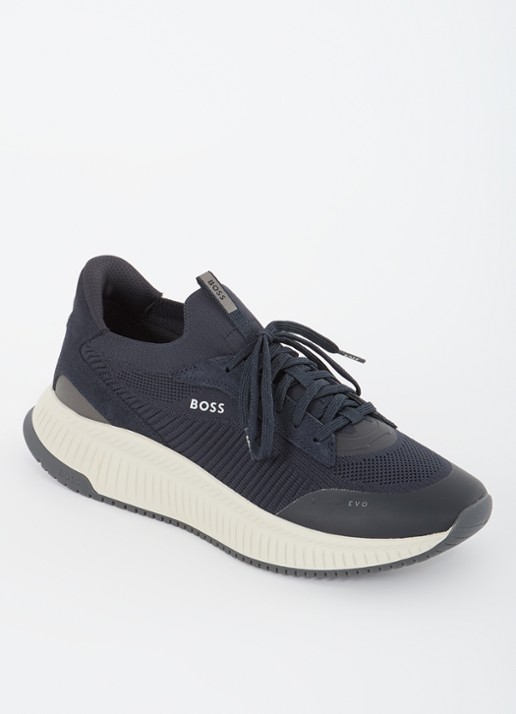 BOSS Sneaker met gebreid bovenwerk en suède details - voorkant 3 indigo