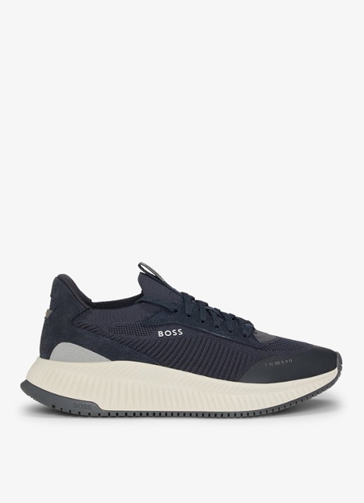 BOSS Sneaker met gebreid bovenwerk en suède details - voorkant 4 indigo