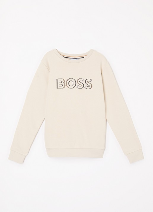 BOSS Sweater met logoprint - voorkant beige