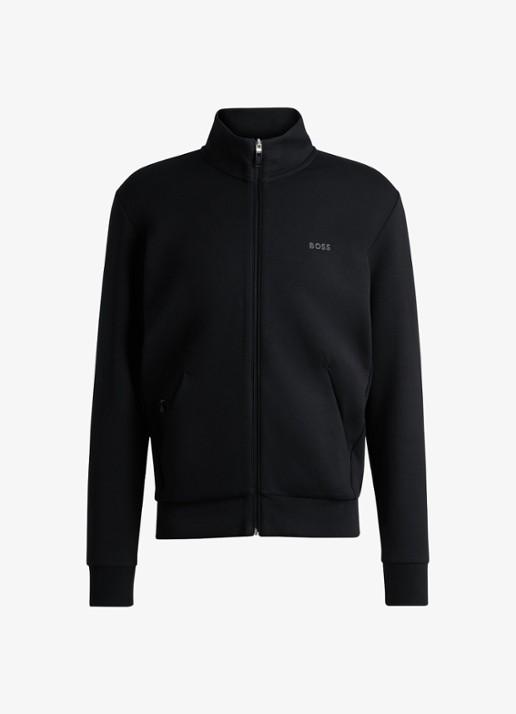 BOSS Sweatshirt van stretchkatoen met rits en logoprint - voorkant zwart