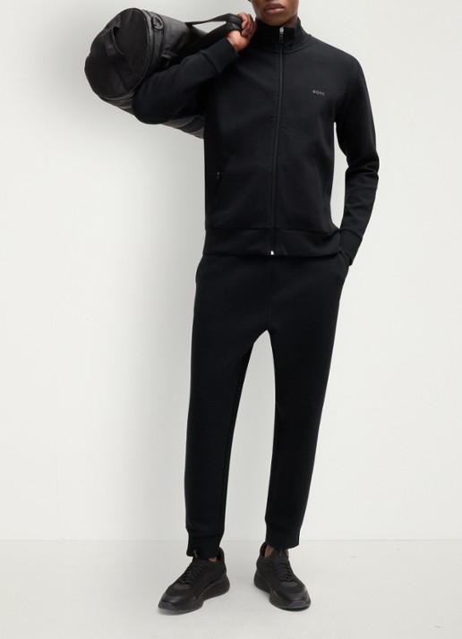 BOSS Sweatshirt van stretchkatoen met rits en logoprint - voorkant 2 zwart