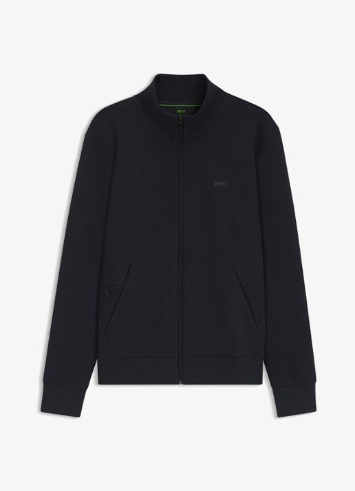 BOSS Sweatshirt van stretchkatoen met rits en logoprint - voorkant donkerblauw