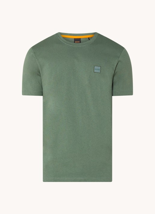 BOSS T-shirt van katoenen jersey met logopatch - voorkant 2 olijfgroen