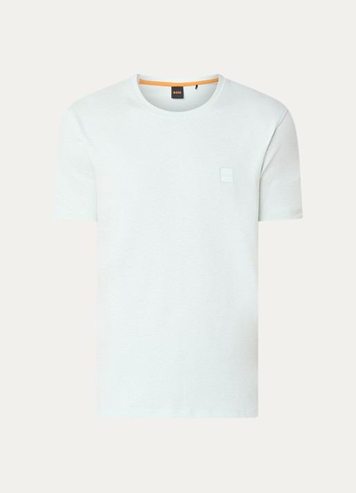 BOSS T-shirt van katoenen jersey met logopatch - voorkant lichtblauw
