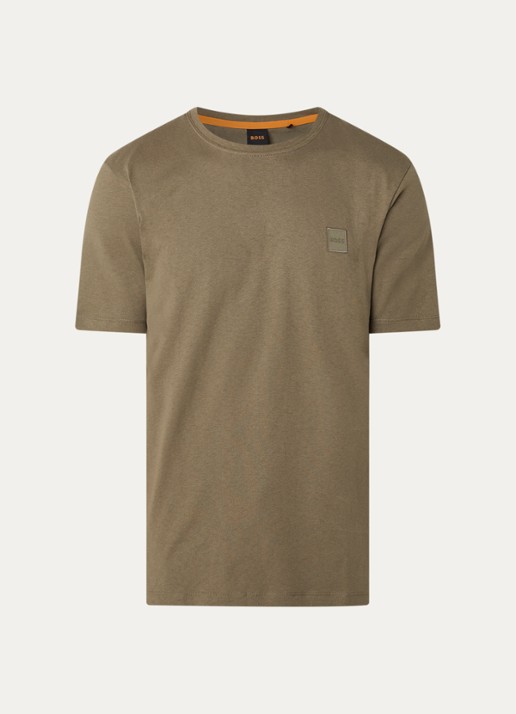 BOSS T-shirt van katoenen jersey met logopatch - voorkant 3 legergroen