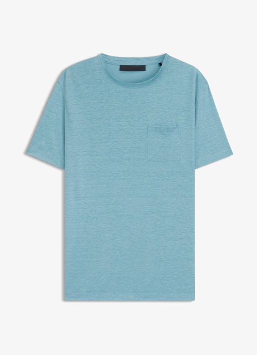 BOSS T-shirt van linnen met borstzak - voorkant open blue-486 / blauw
