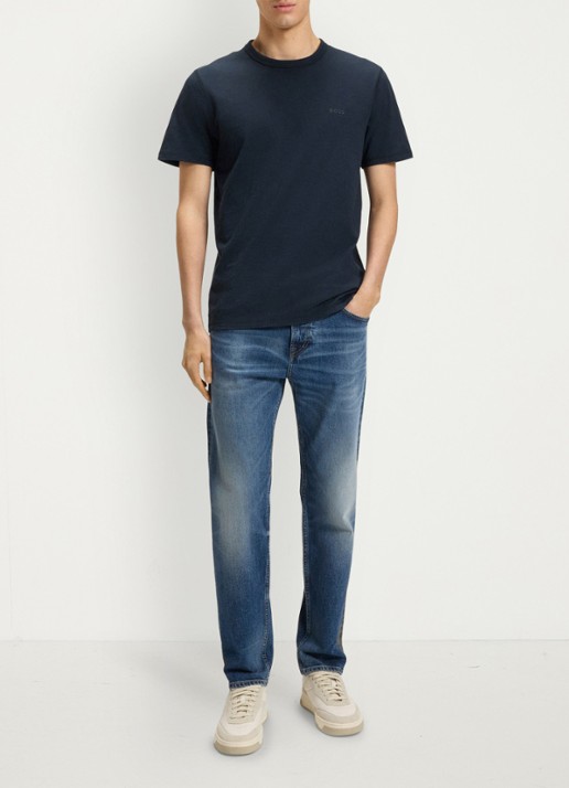 BOSS T-shirt van slubkatoen met logodetail - voorkant 2 donkerblauw