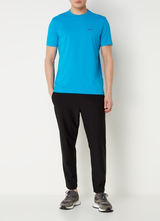 BOSS T-shirt van stretchkatoen met logodetail - voorkant 4 turquoise/aqua-442 / blauw