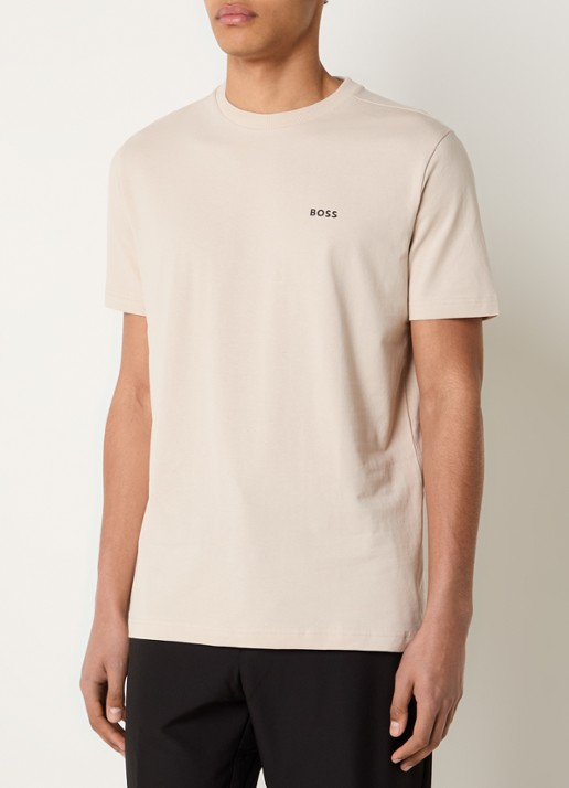 BOSS T-shirt van stretchkatoen met logodetail - detail beige