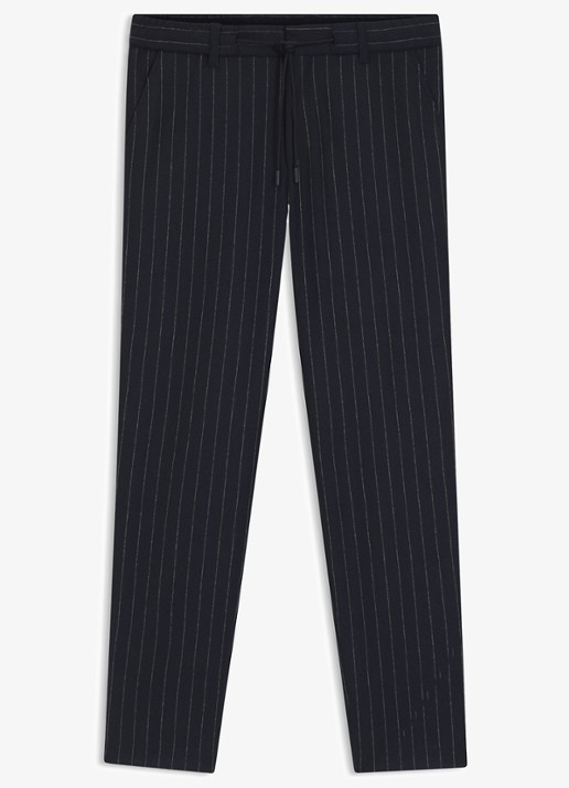 BOSS Tapered fit chino in wolblend met krijtstreep en trekkoord - voorkant donkerblauw