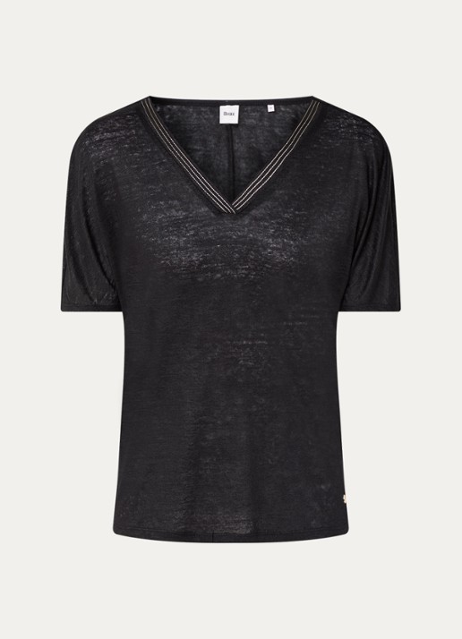 BRAX Caelen T-shirt van linnen met V-hals  - voorkant zwart
