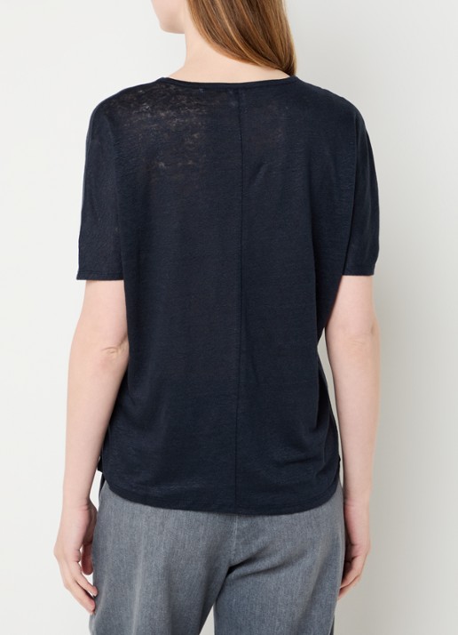 BRAX Caelen T-shirt van linnen met V-hals  - achterkant 4 donkerblauw