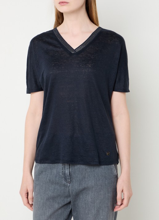 BRAX Caelen T-shirt van linnen met V-hals  - detail donkerblauw