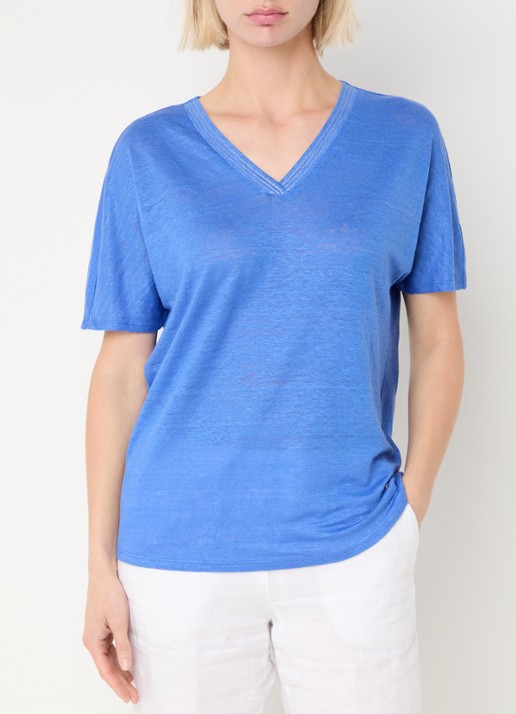 BRAX Caelen T-shirt van linnen met V-hals  - detail 4 donkerblauw