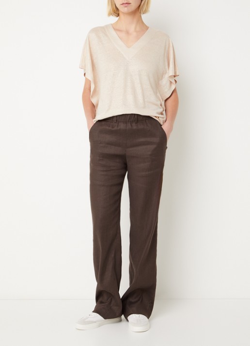 BRAX High waist loose fit broek in linnenblend met steekzakken - voorkant 3 donkerbruin